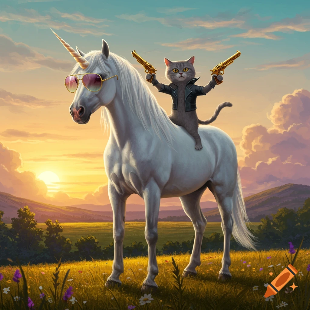 A cool cat in a black leather jacket riding a white unicorn with pink sunglasses, both holding golden pistols in a sunset meadow.