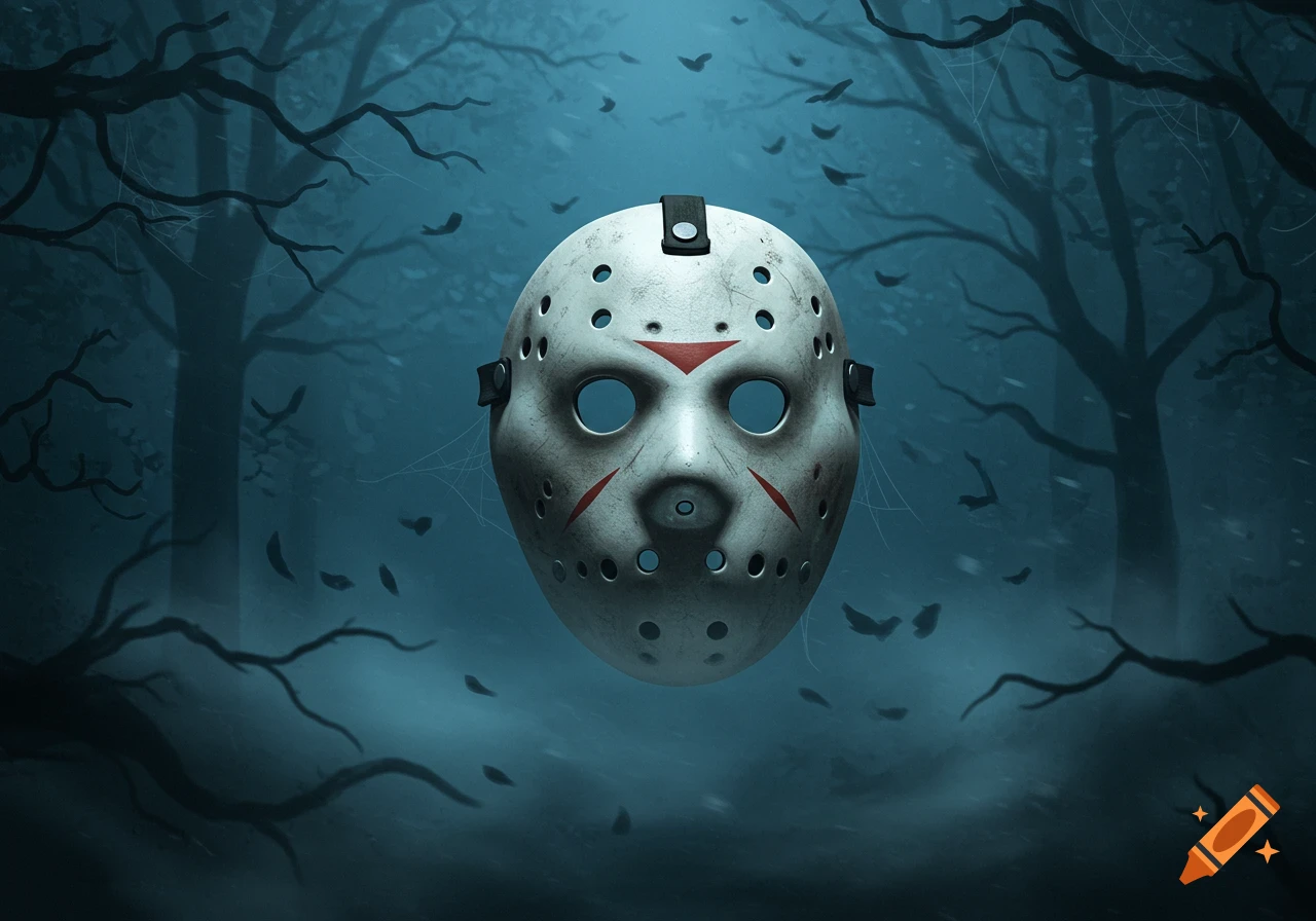 A stylized illustration of a white Jason Voorhees hockey mask floating in a dark, misty forest with bare trees and falling leaves.