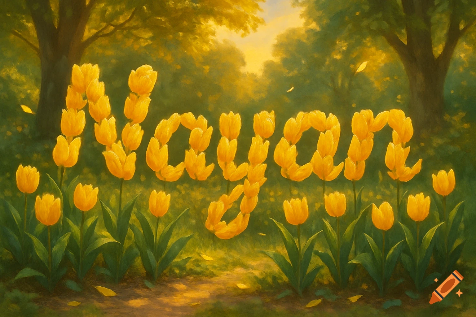 Yellow tulips spell out the name 'Nayan' in a vibrant, sunlit impressionistic garden scene with trees.