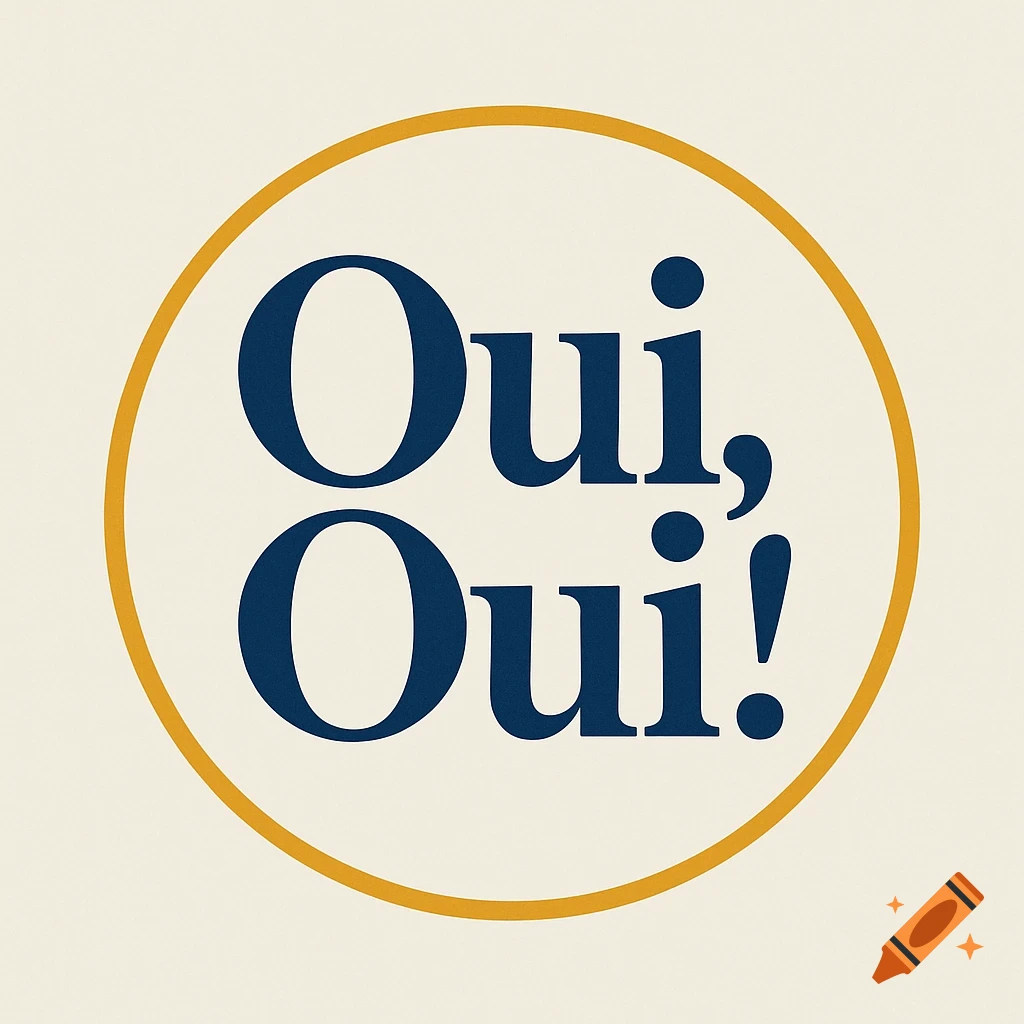 A logo featuring the words 'Oui, Oui!' in dark blue text, enclosed within a gold circle on a cream background.