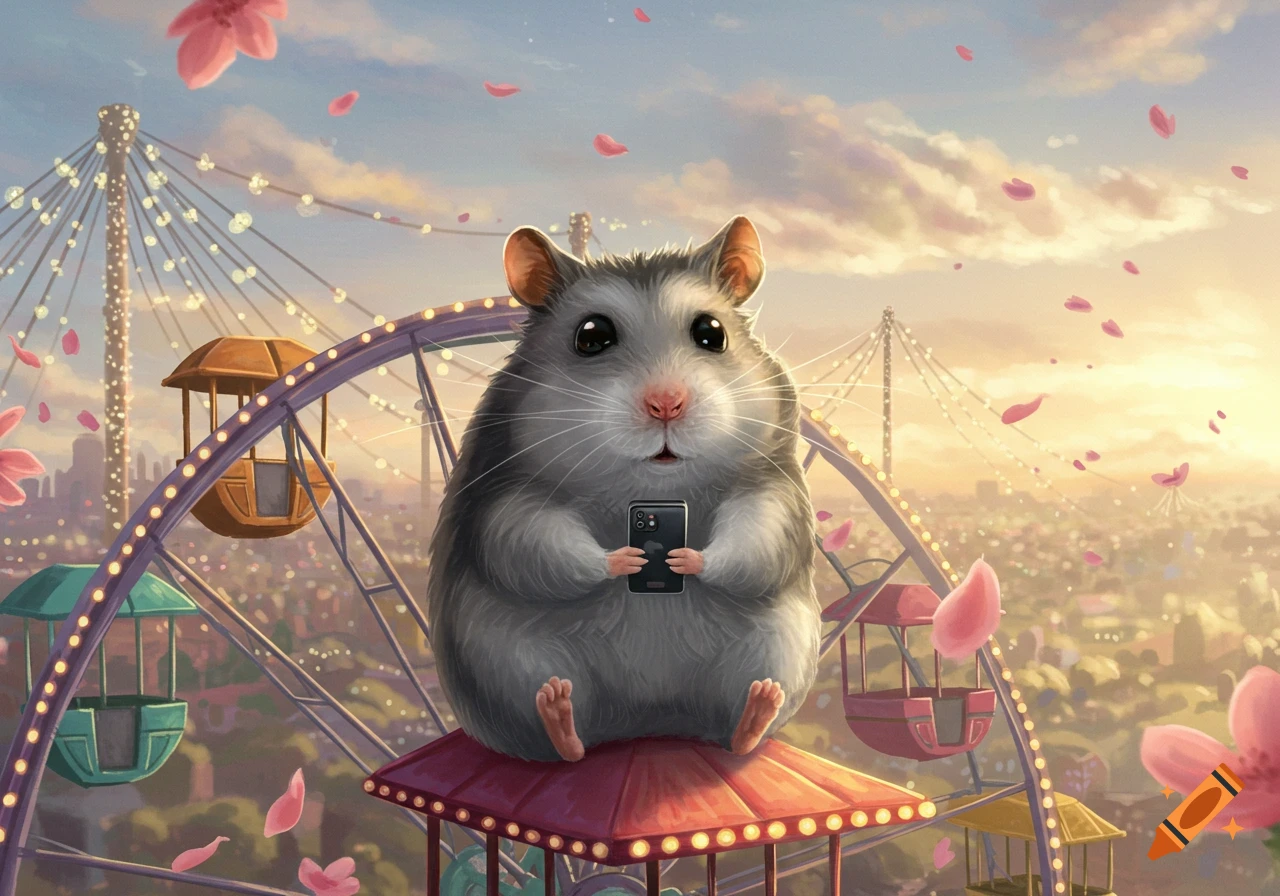 A cute gray hamster sits on a Ferris wheel, holding a phone, with pink petals falling and a city in the background at sunrise.