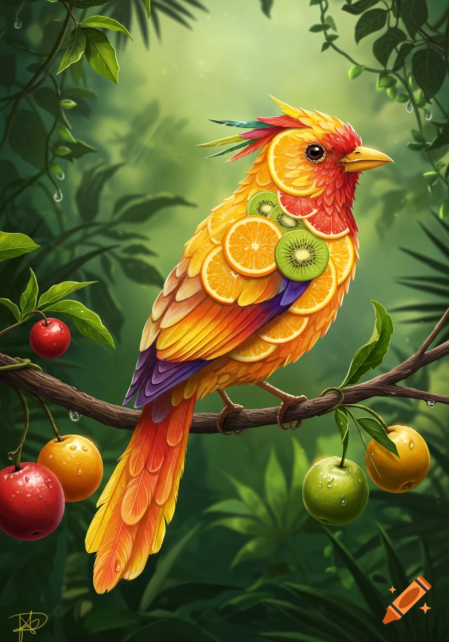 A colorful bird with plumage made of orange, kiwi, and grapefruit slices perches on a branch in a lush, green jungle with water droplets and other fruits.