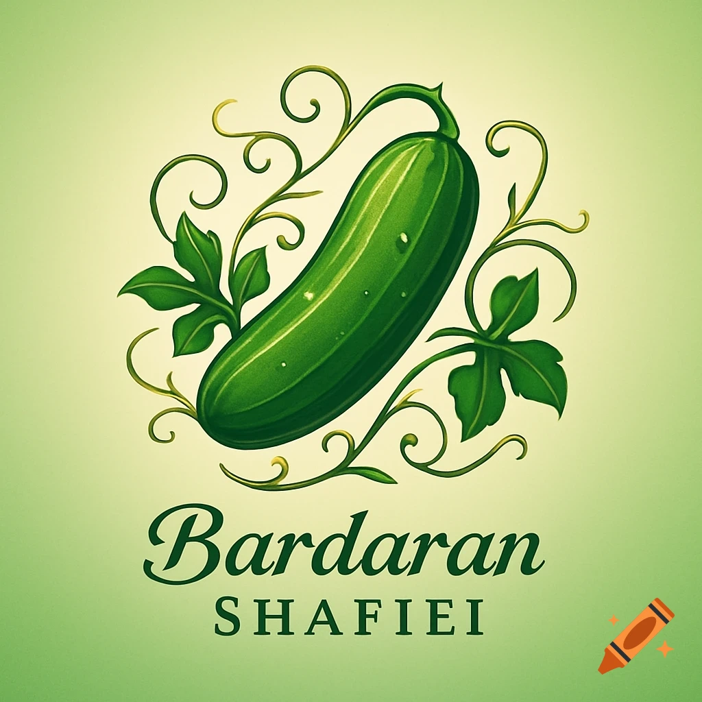 Illustrative green cucumber logo with decorative vines and leaves, text 'Bardaran SHAFIEI' below, on a green gradient background.