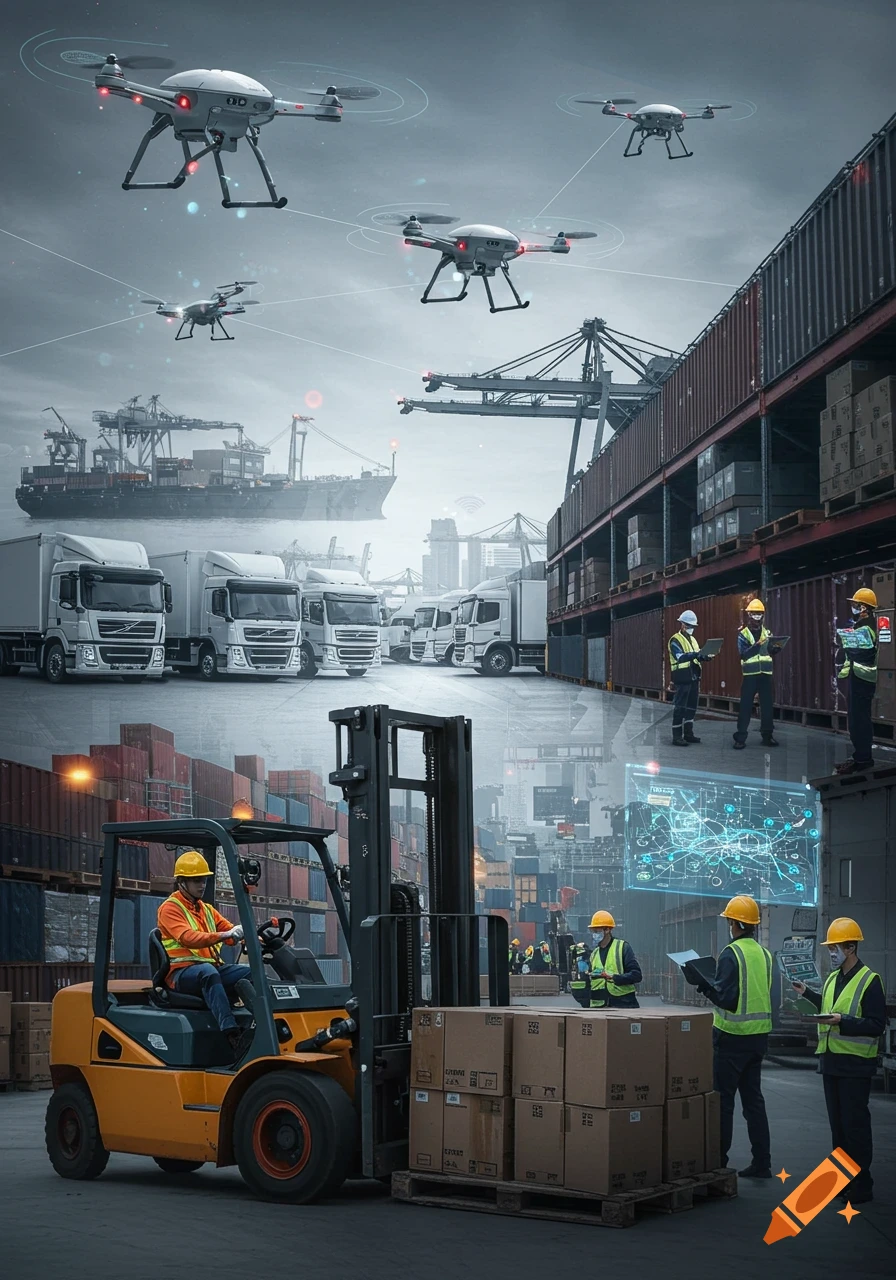 Photorealistic image of a modern logistics hub with workers, trucks, and shipping containers, overseen by multiple drones in a cloudy sky.