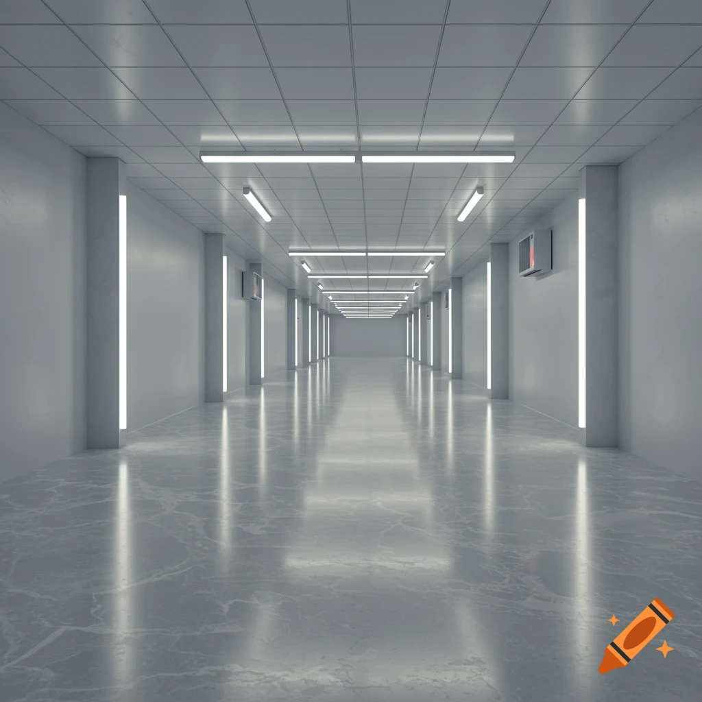 Empty, sterile white hallway with bright fluorescent lights, reflections on polished floor. Liminal space aesthetic.