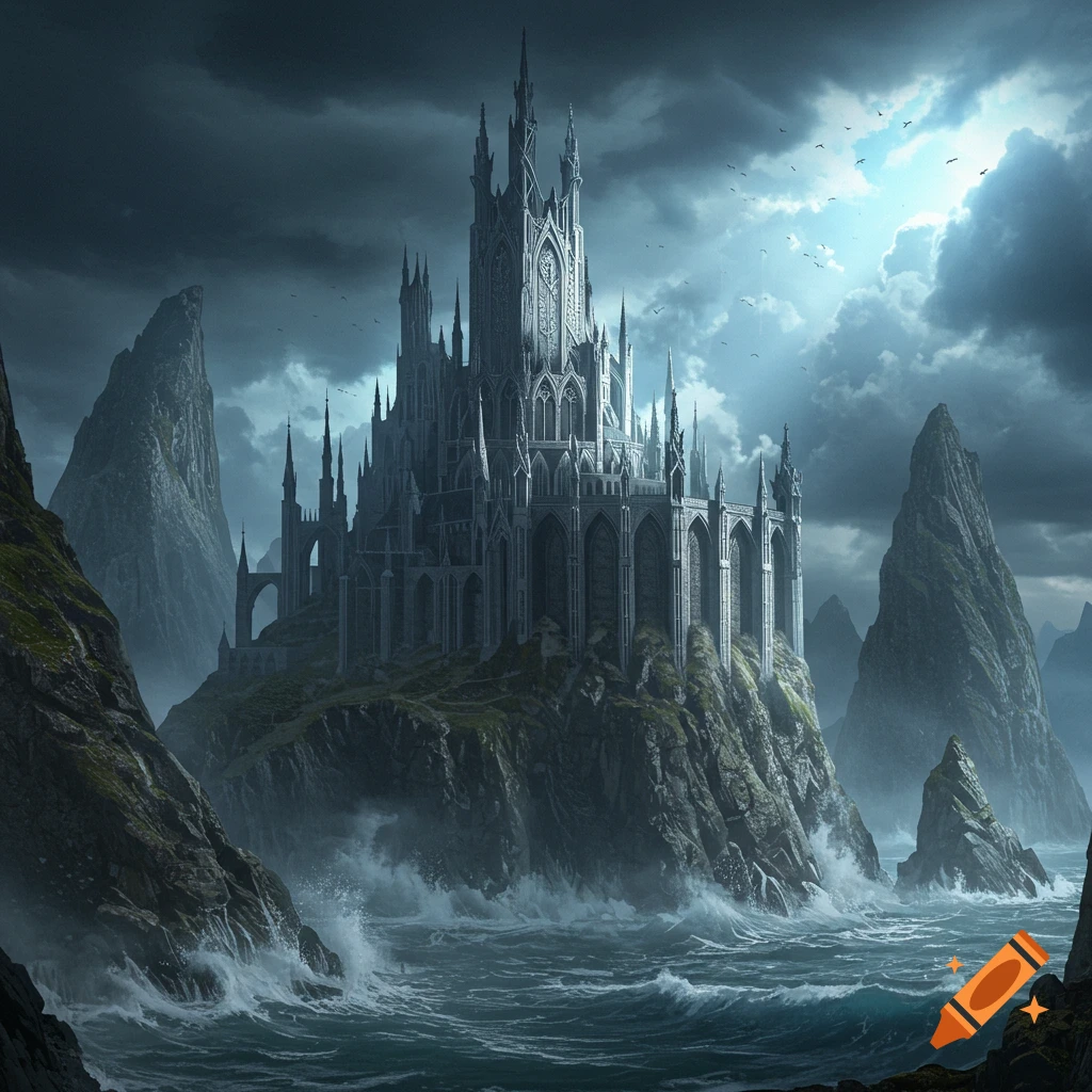 A dark fantasy castle on a rocky island with stormy seas, under dramatic clouds with a ray of light.