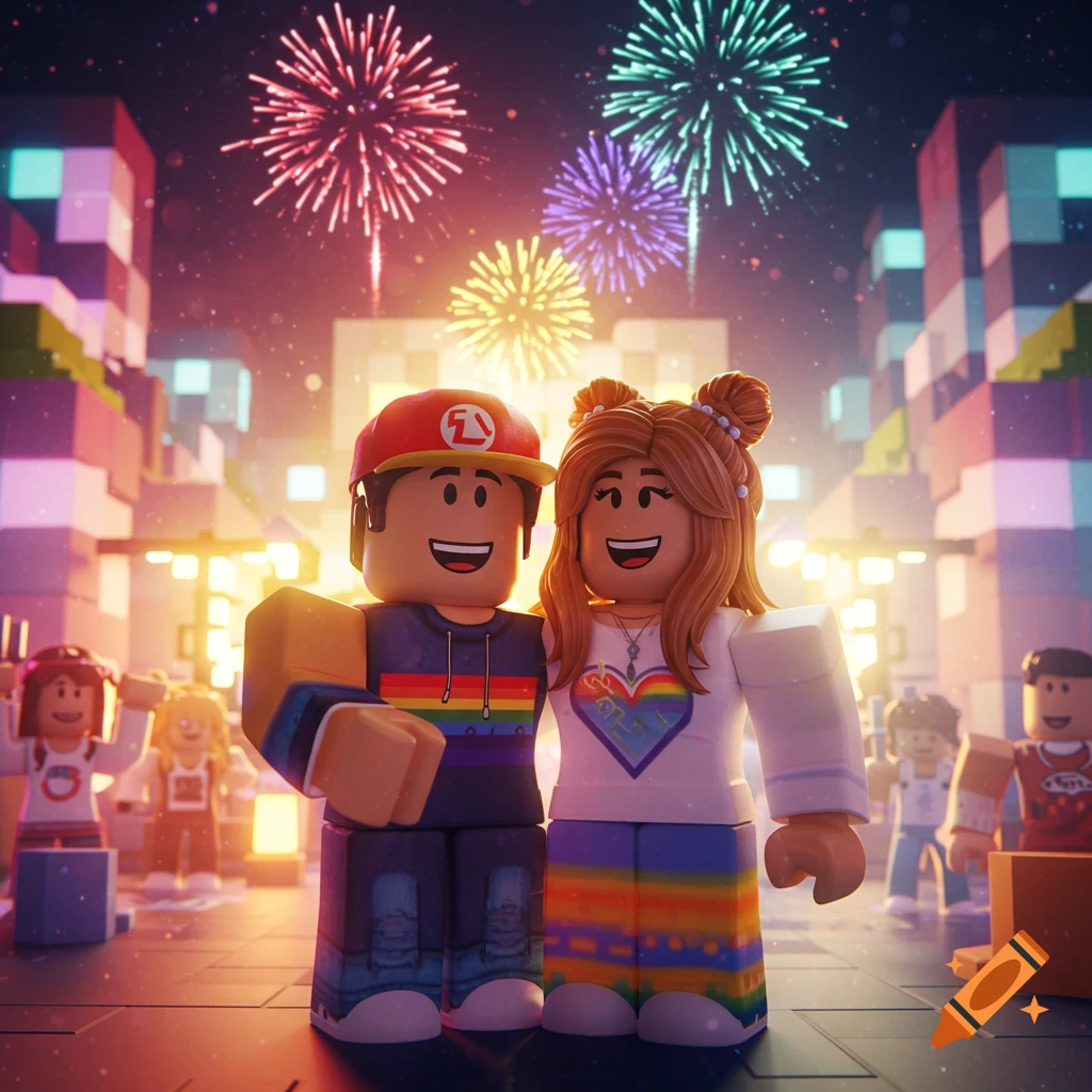 Two smiling Roblox characters, a male and female with pride flag-colored clothes, stand together in a city at night with fireworks exploding in the sky.