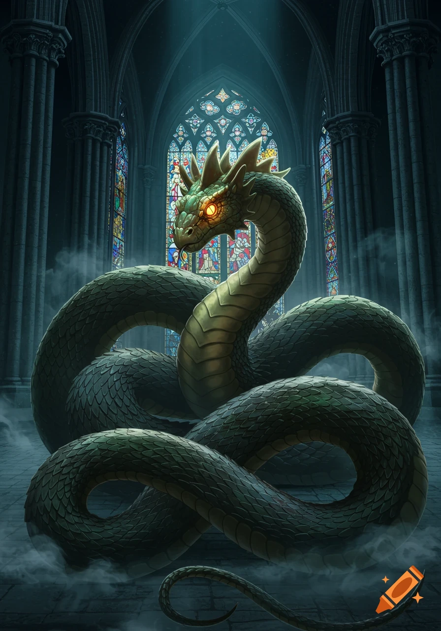 A majestic green basilisk with glowing orange eyes in a dark gothic church with stained glass windows.