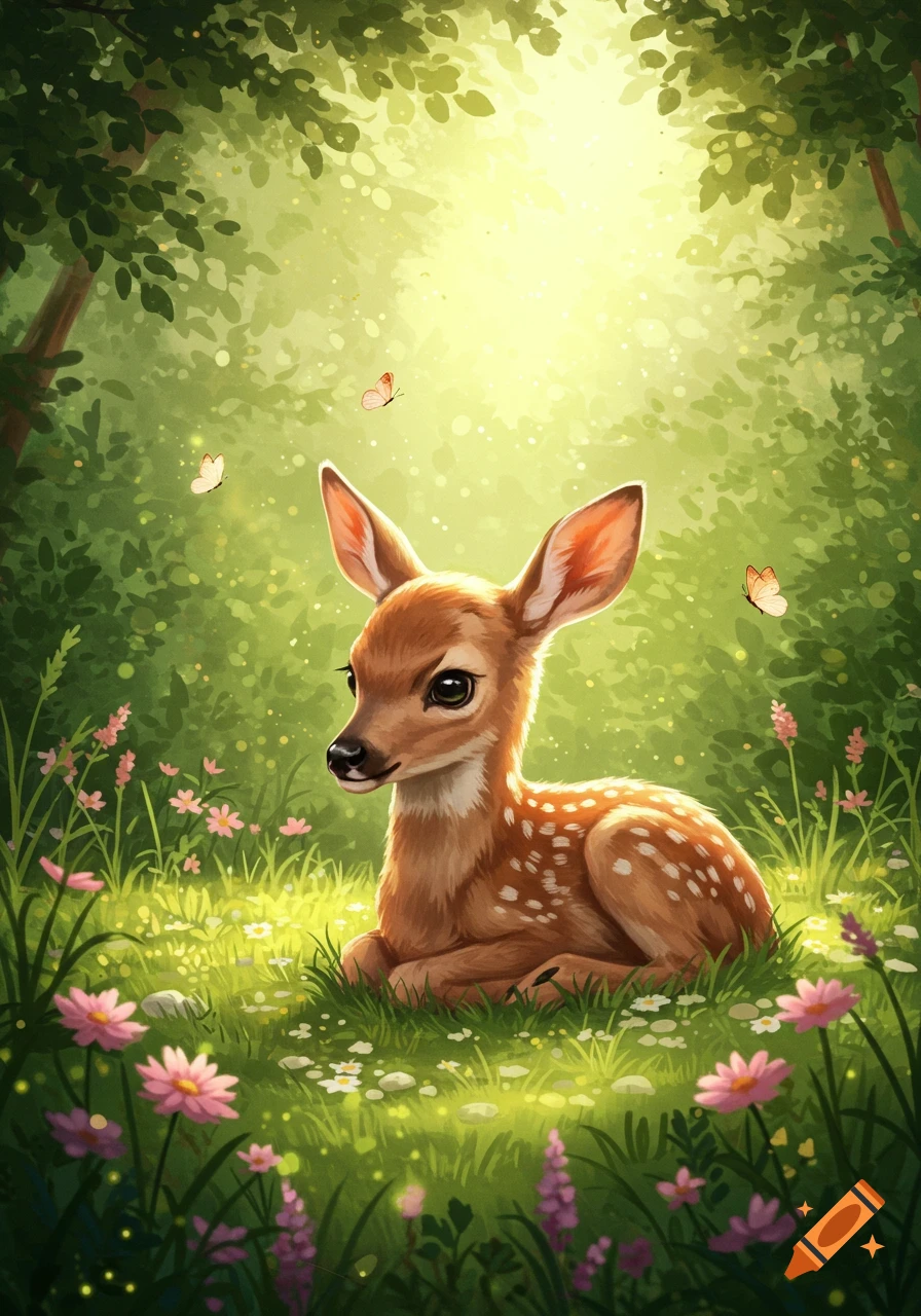 A cute, spotted fawn lies among pink and white flowers in a sunlit, vibrant green forest clearing. Illustrated.