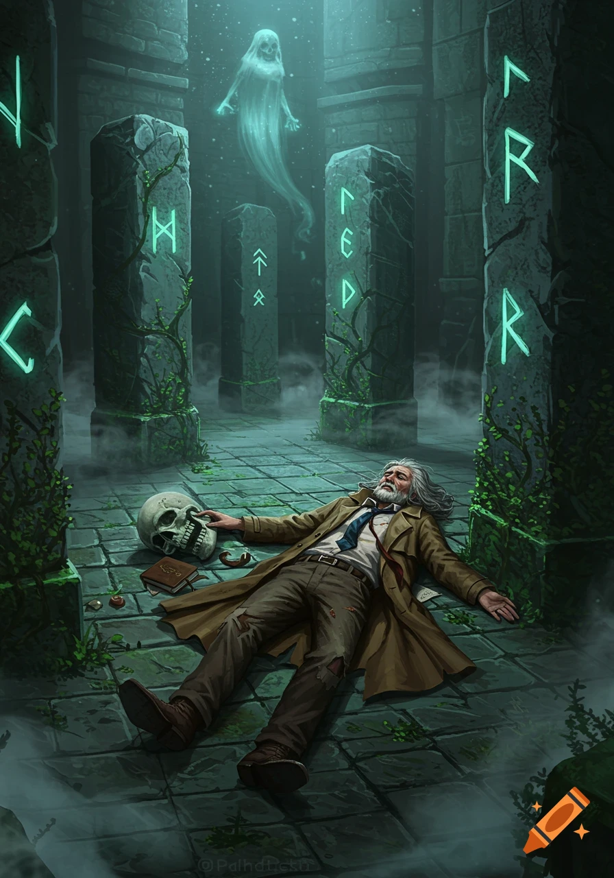 An old man lies on the floor of an eerie, mist-filled stone labyrinth with glowing runes, as a spectral ghost floats above him, fantasy art.