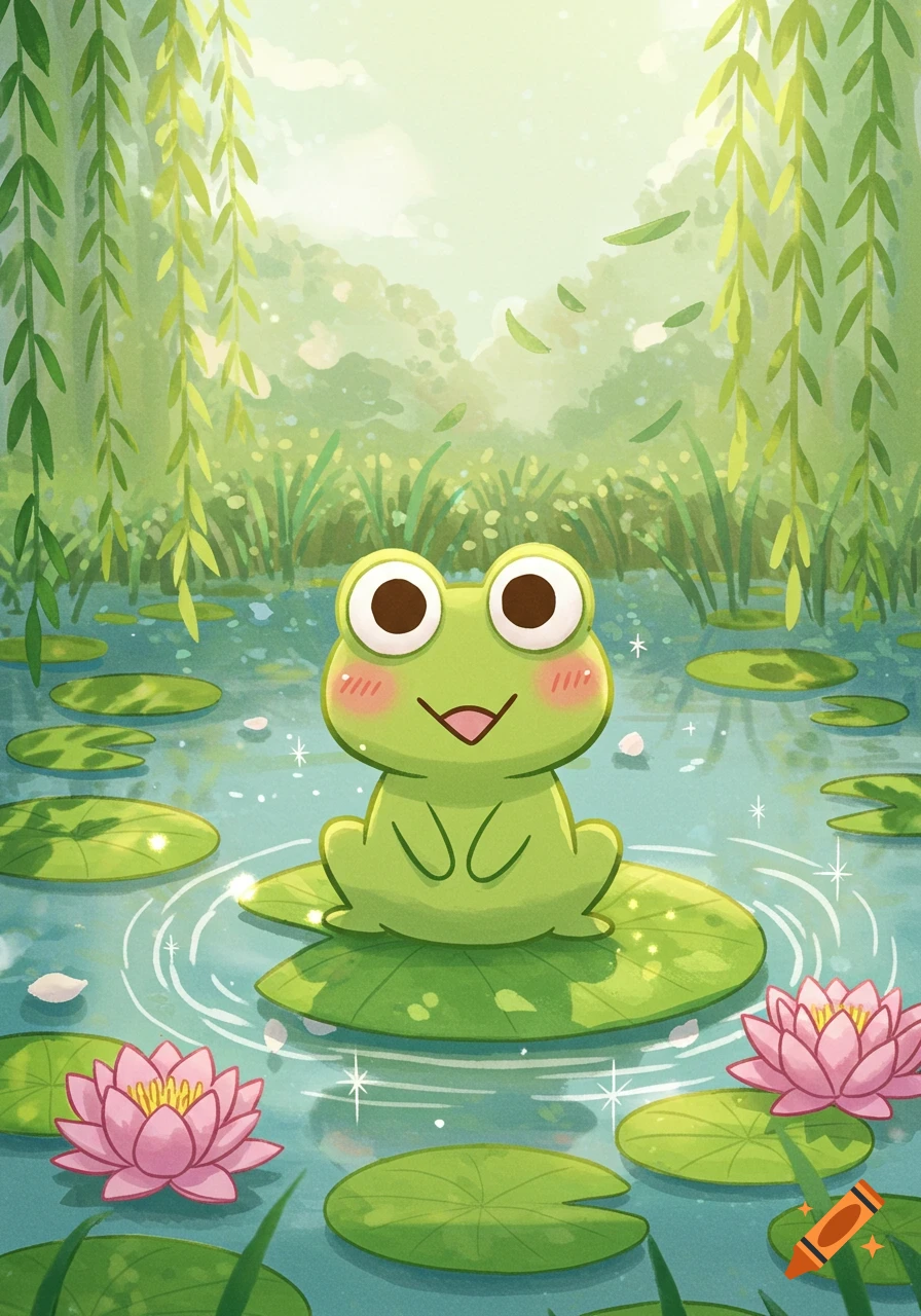 A cute green cartoon frog sits on a lily pad in a pond with pink water lilies, surrounded by hanging green leaves.