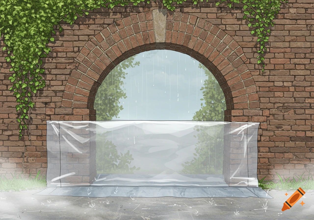 Illustrated brick archway with ivy, a transparent waterproof membrane, and rain falling in front of distant trees.