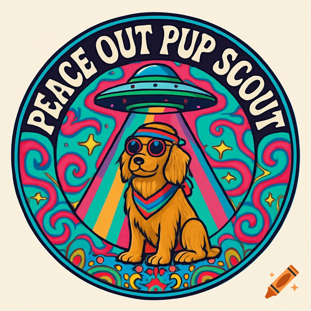 A psychedelic cartoon logo features a hippie golden retriever wearing sunglasses under a UFO, encircled by 'PEACE OUT PUP SCOUT' text.