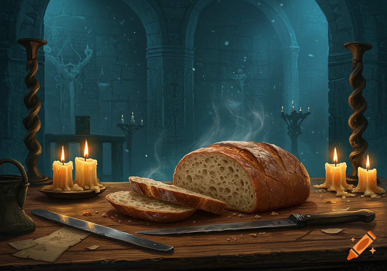 A sliced loaf of bread on a wooden table with lit candles and ancient knives in an eerie fantasy labyrinth.