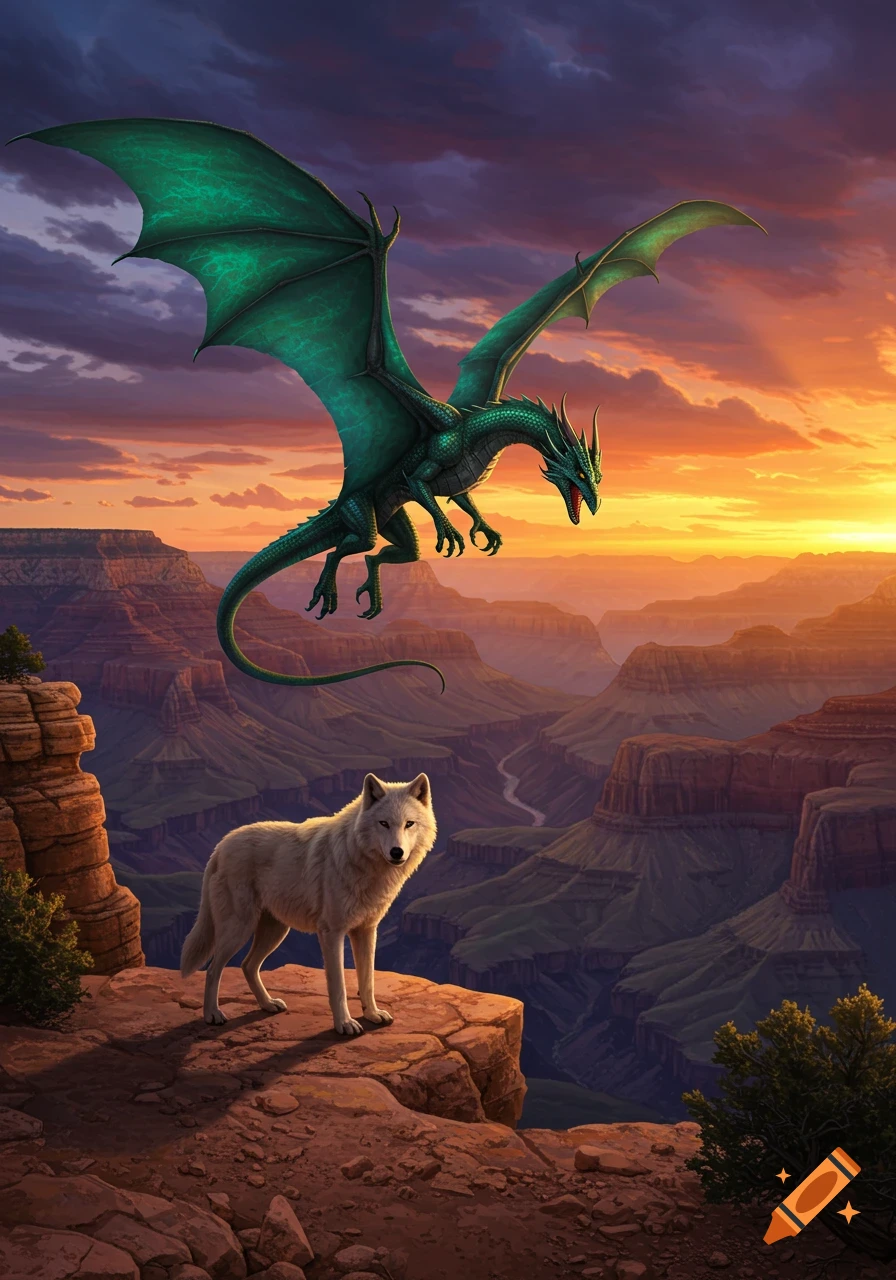A majestic green dragon flies above a white wolf on a rocky cliff, overlooking a vast canyon at sunset. Digital painting.
