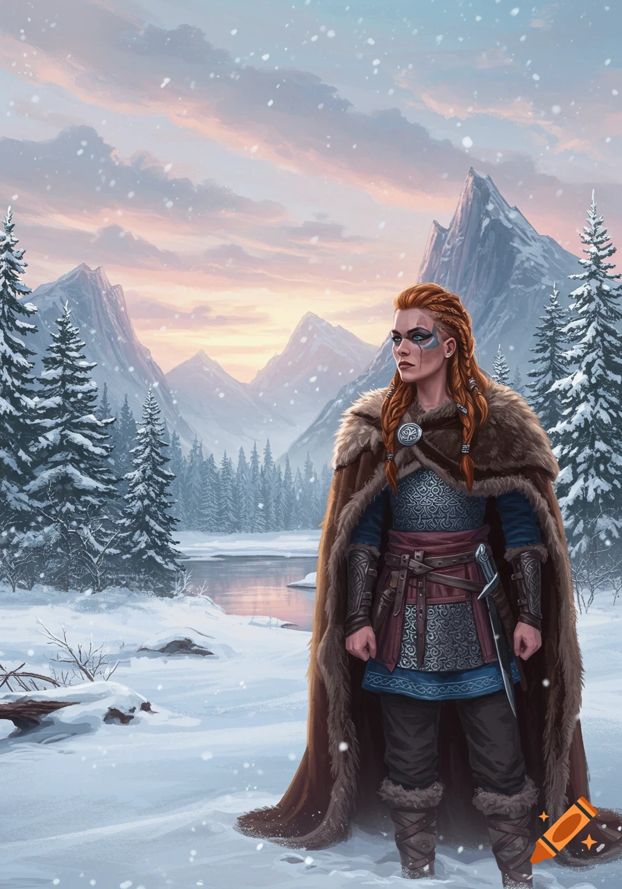 A red-haired female Viking warrior in furs stands in a snowy mountain landscape with a lake at sunset, digital painting.