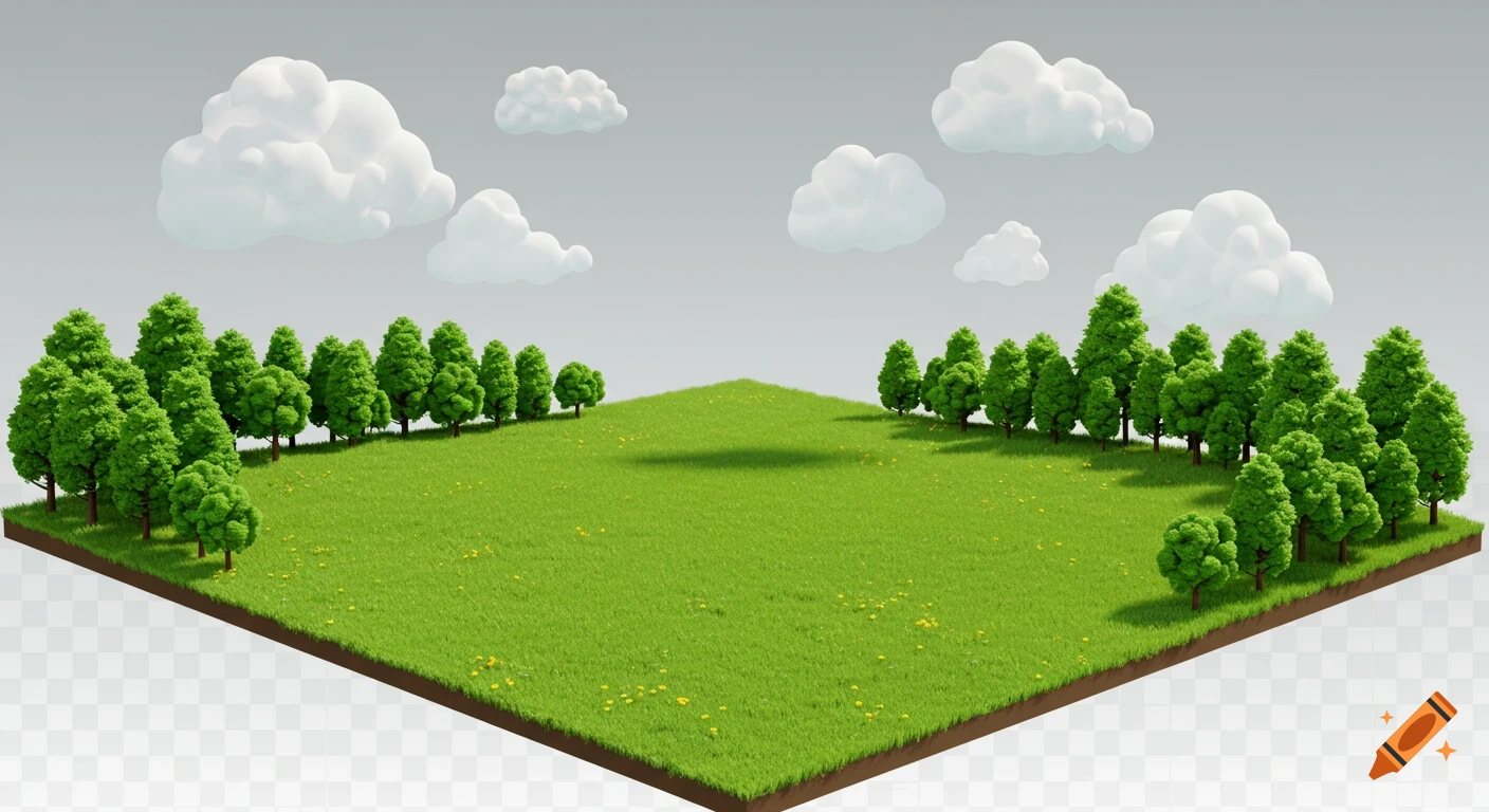 Isometric view of a green field with stylized trees on the sides and white clouds, transparent background.