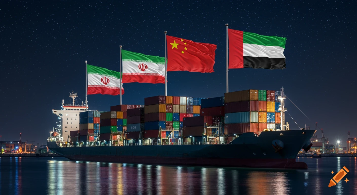 A photorealistic image of a cargo ship at night, laden with containers, flying the flags of Iran, China, and the UAE.