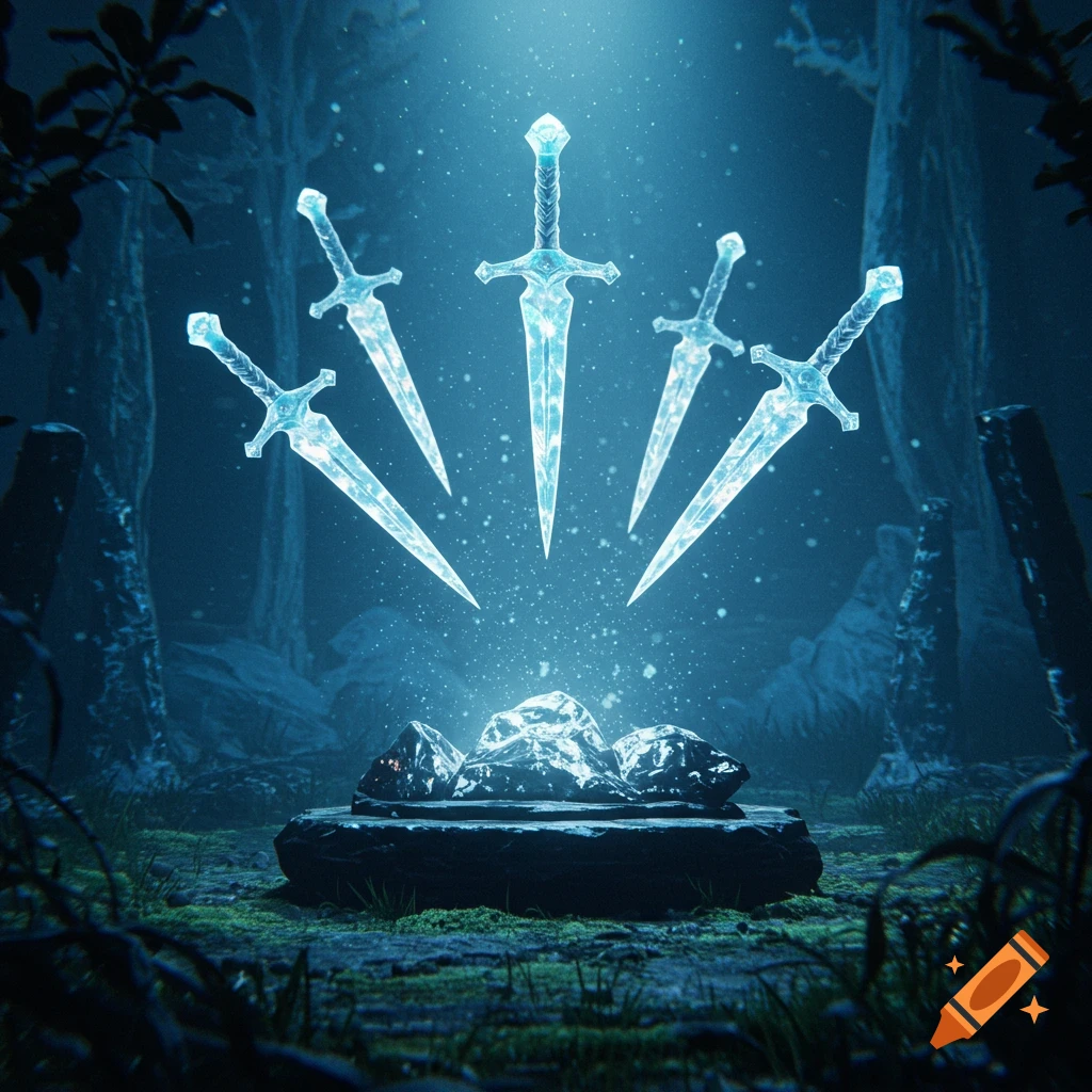 Five glowing crystal daggers hover over a stone altar in a dark, mossy forest, illuminated by a magical beam.