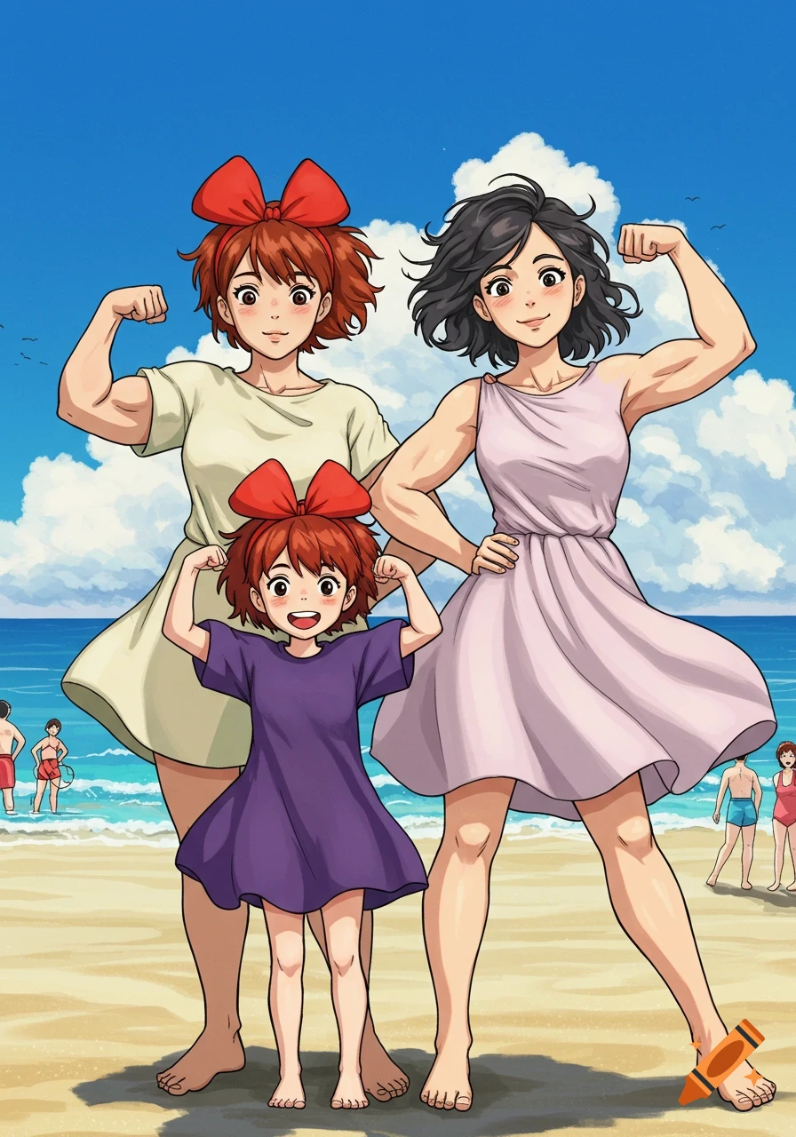 Anime characters, a child, and two women, flex their muscles on a sunny beach with people in the background.