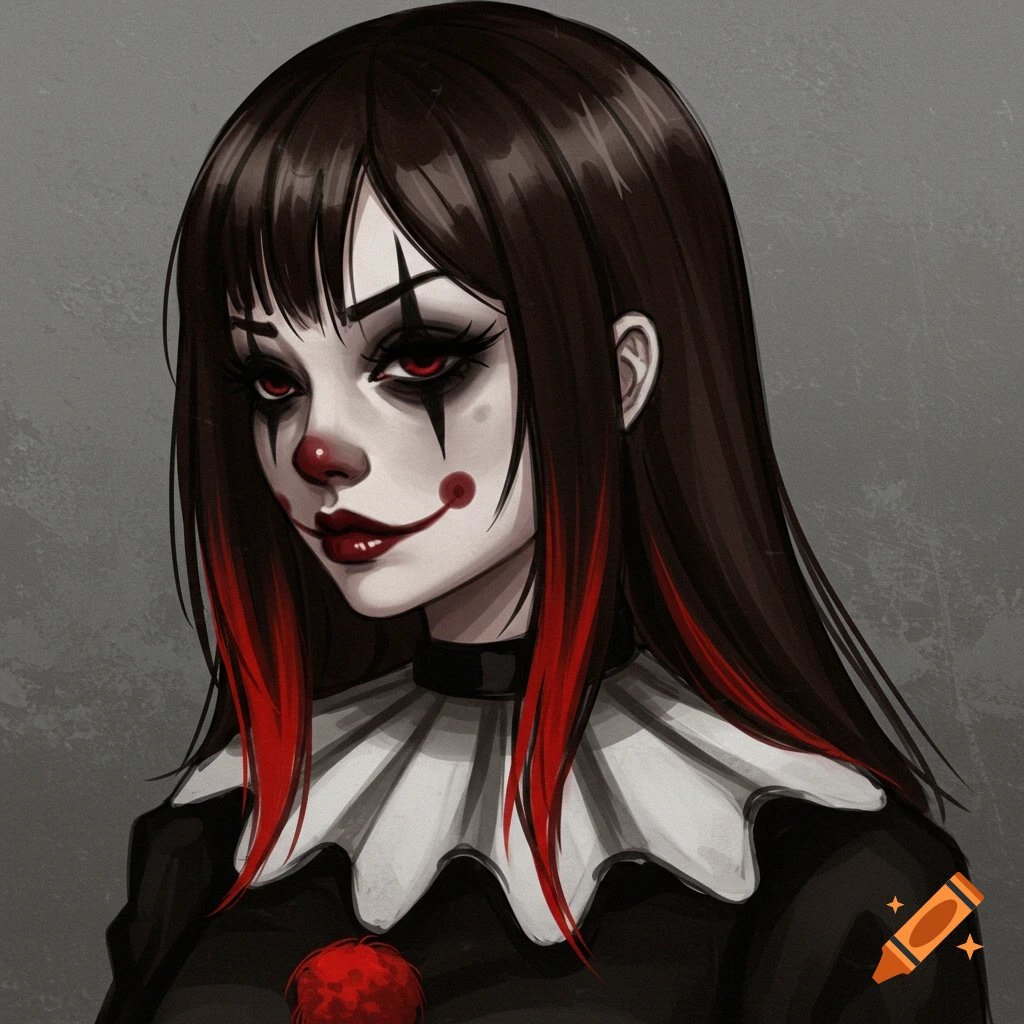 A gothic clown girl with red-tipped dark hair and red eyes, wearing a white ruffled collar, in Japanese anime style.