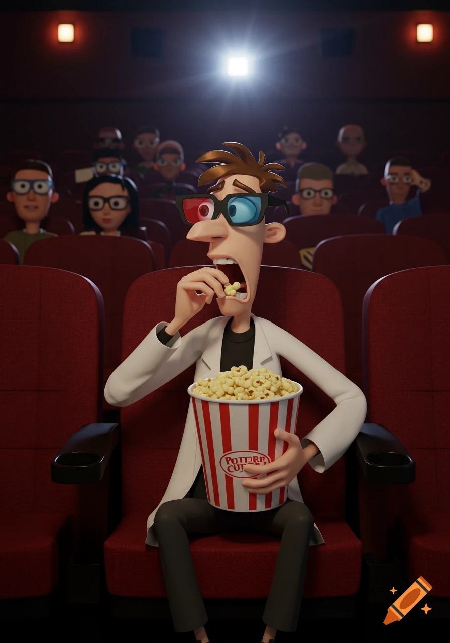 A 3D animated Dr. Doofenshmirtz in 3D glasses, with a shocked expression, eating popcorn in a movie theater.