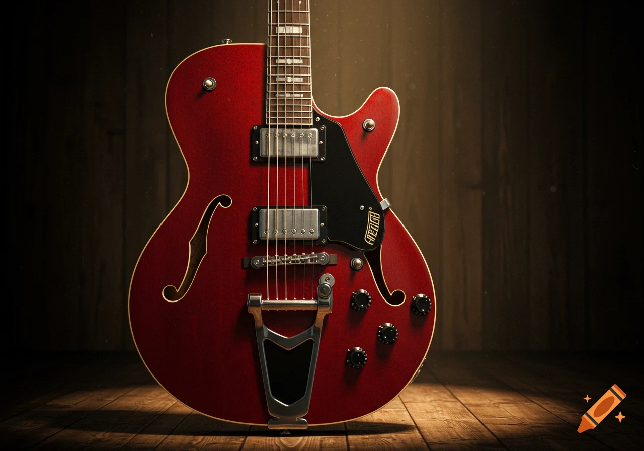 A red electric guitar with f-holes, chrome pickups, and knobs, stands on a wooden floor against a dark wooden wall.