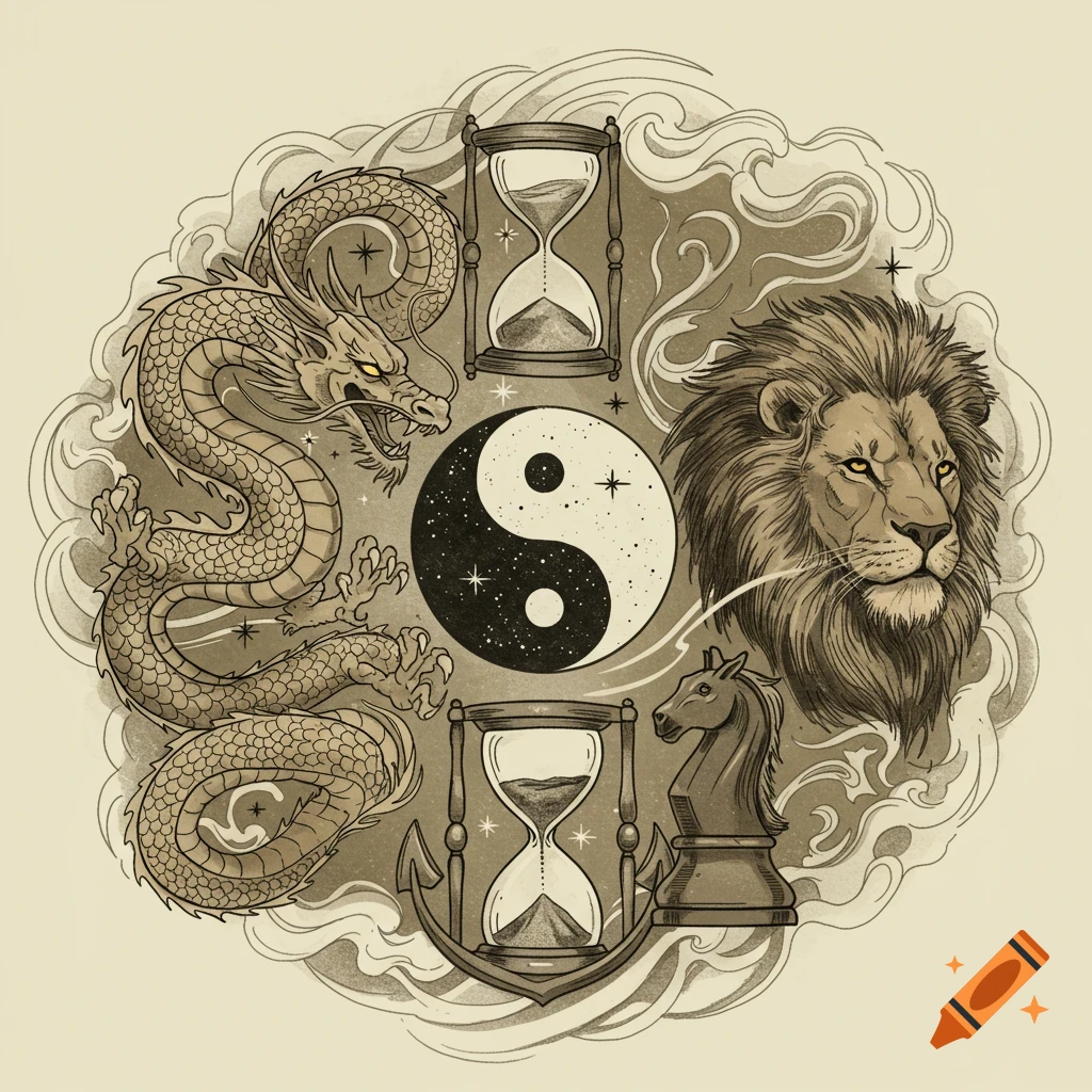 A circular tattoo-style illustration featuring a dragon, a lion, a yin-yang symbol, two hourglasses, and a chess knight surrounded by swirling clouds.