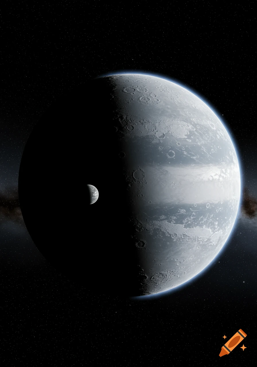 A detailed view of a dwarf planet, partially in shadow, with a small moon orbiting nearby, against a star-filled background.