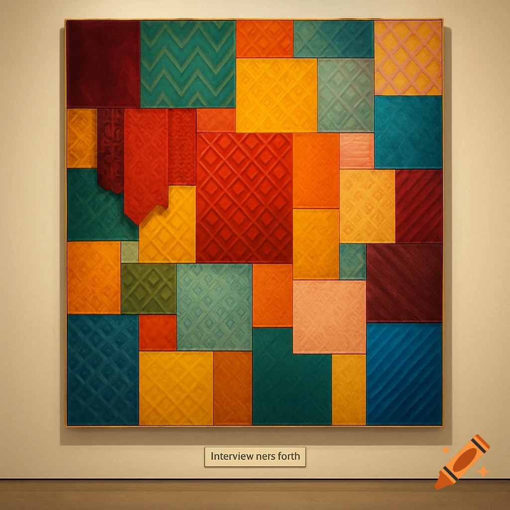 An abstract painting with colorful patterned squares displayed in a gallery.