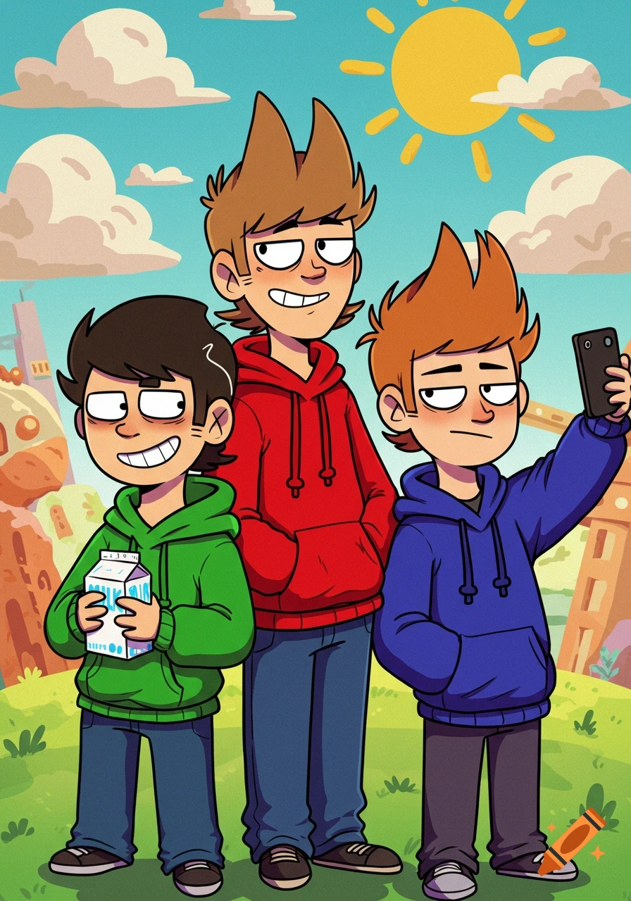 Three male Eddsworld cartoon characters in hoodies stand in a grassy field; one holds a milk carton, another takes a selfie.