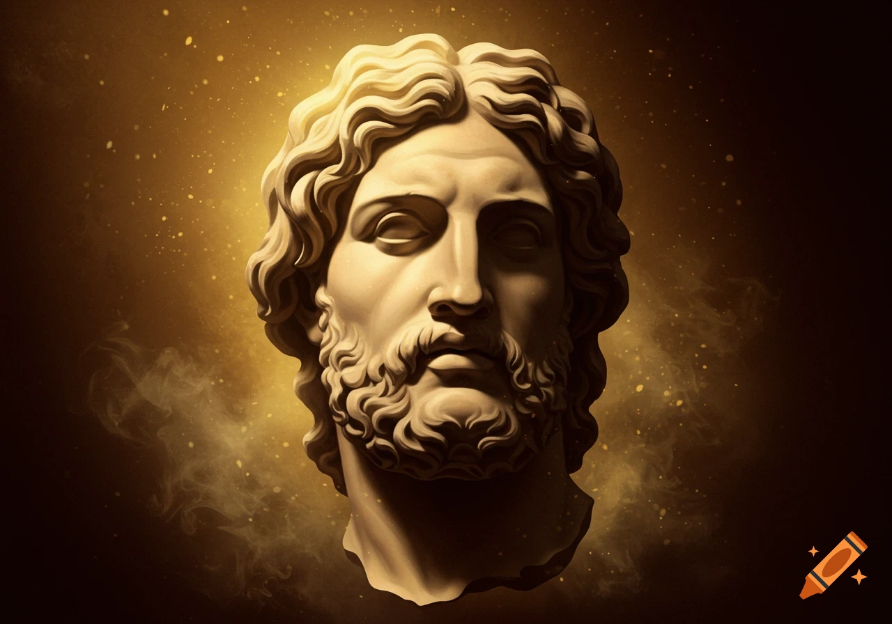 Classical marble bust of a bearded man with curly hair, illuminated by golden light and sparkling particles on a dark, smoky background.