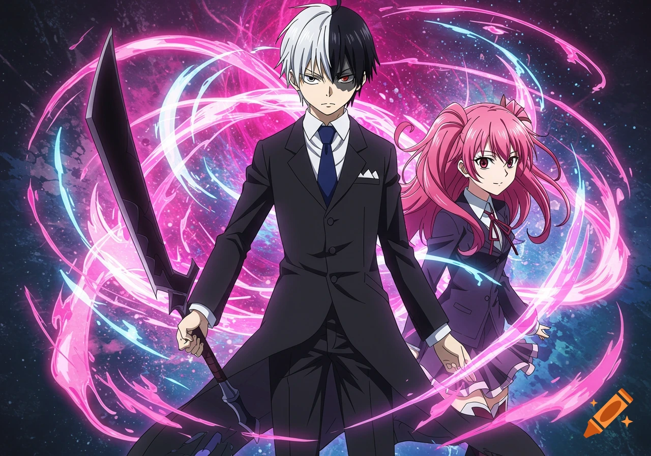 Anime illustration of a male character with bicolored hair and a sword, beside a pink-haired girl, against a swirling pink and blue background.