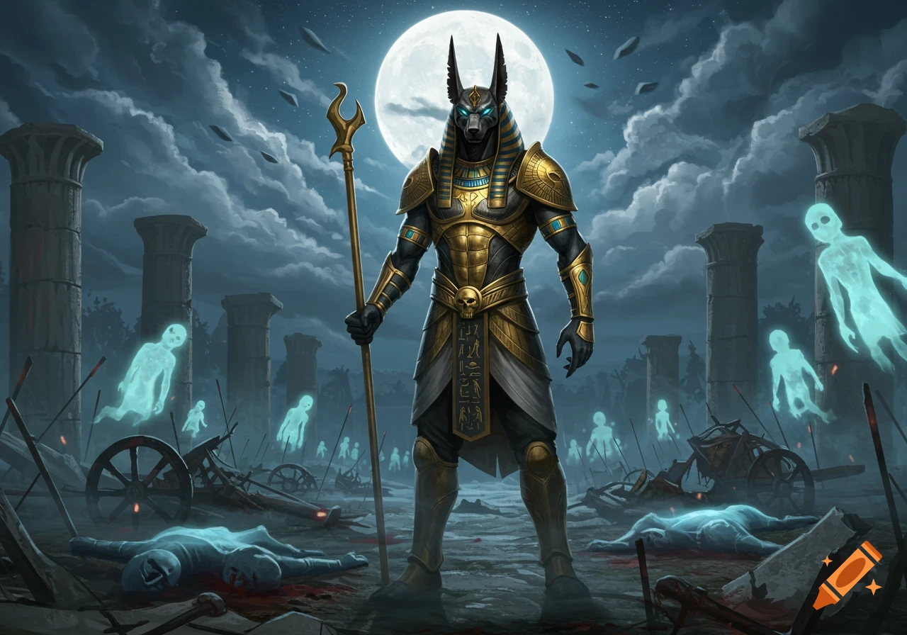 Anubis, in golden and dark armor, stands on a moonlit battlefield amidst fallen bodies, broken chariots, ancient pillars, and glowing ghosts.