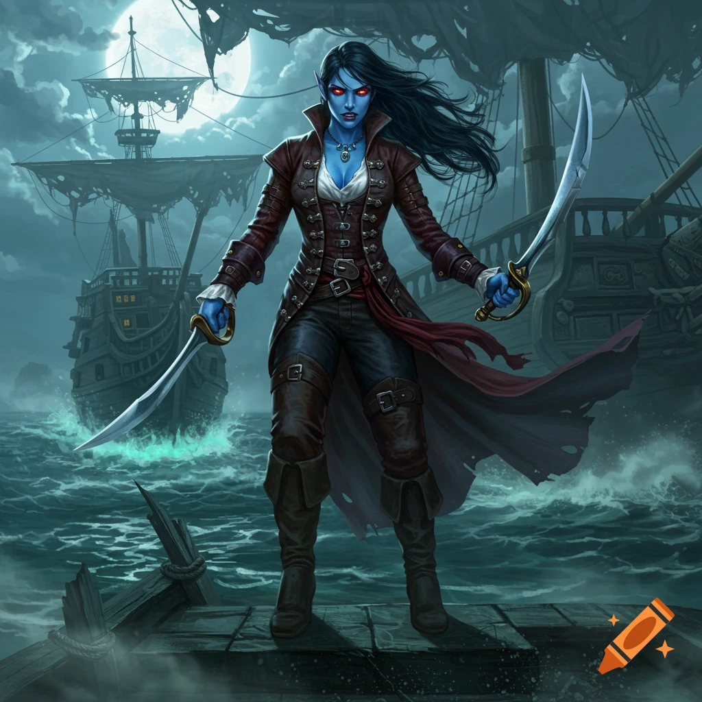 A blue-skinned female vampire pirate stands on a ship's deck at night, holding two swords with other ships and a full moon in the background, digital art.