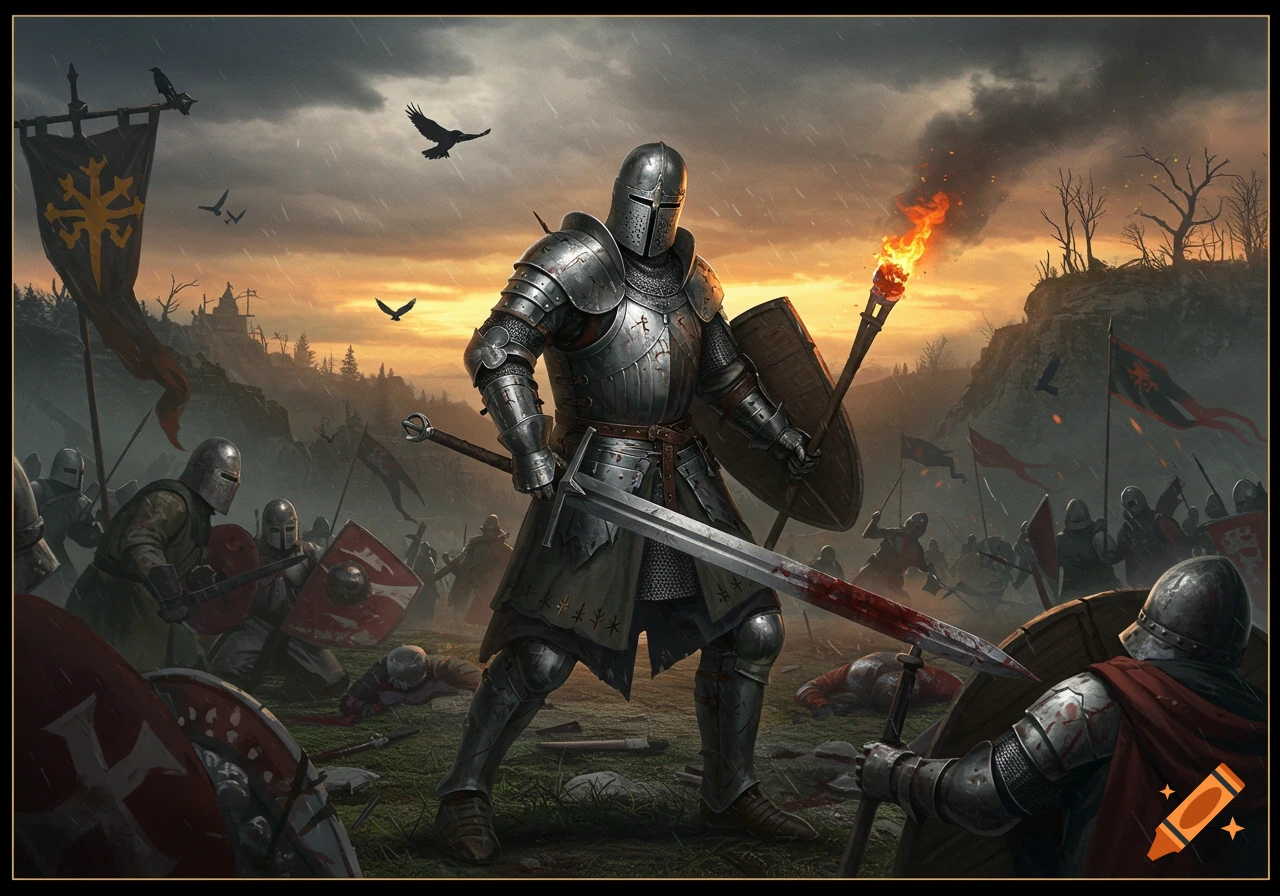 An armored knight stands victorious on a rainy medieval battlefield at sunset, holding a bloody sword and a flaming torch amidst fallen soldiers.