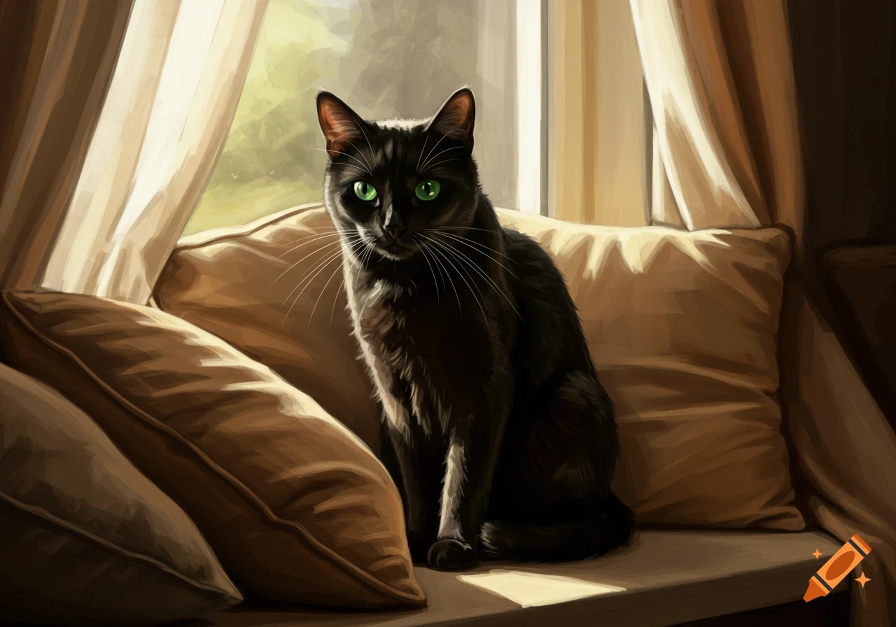 A black cat with vibrant green eyes sits attentively on tan pillows in front of a sunlit window.
