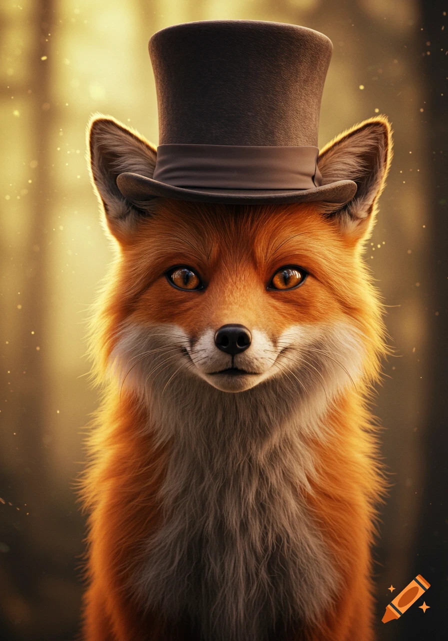 Realistic portrait of a fox wearing a top hat in a golden, blurry background.