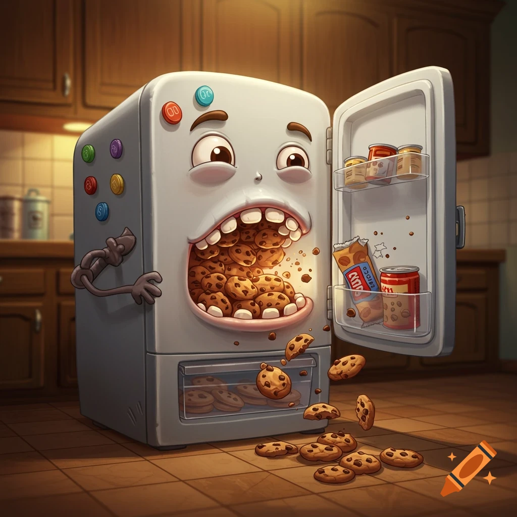 A hungry anthropomorphic refrigerator with a mouth full of chocolate chip cookies, spilling them onto a kitchen floor in a cartoon style.
