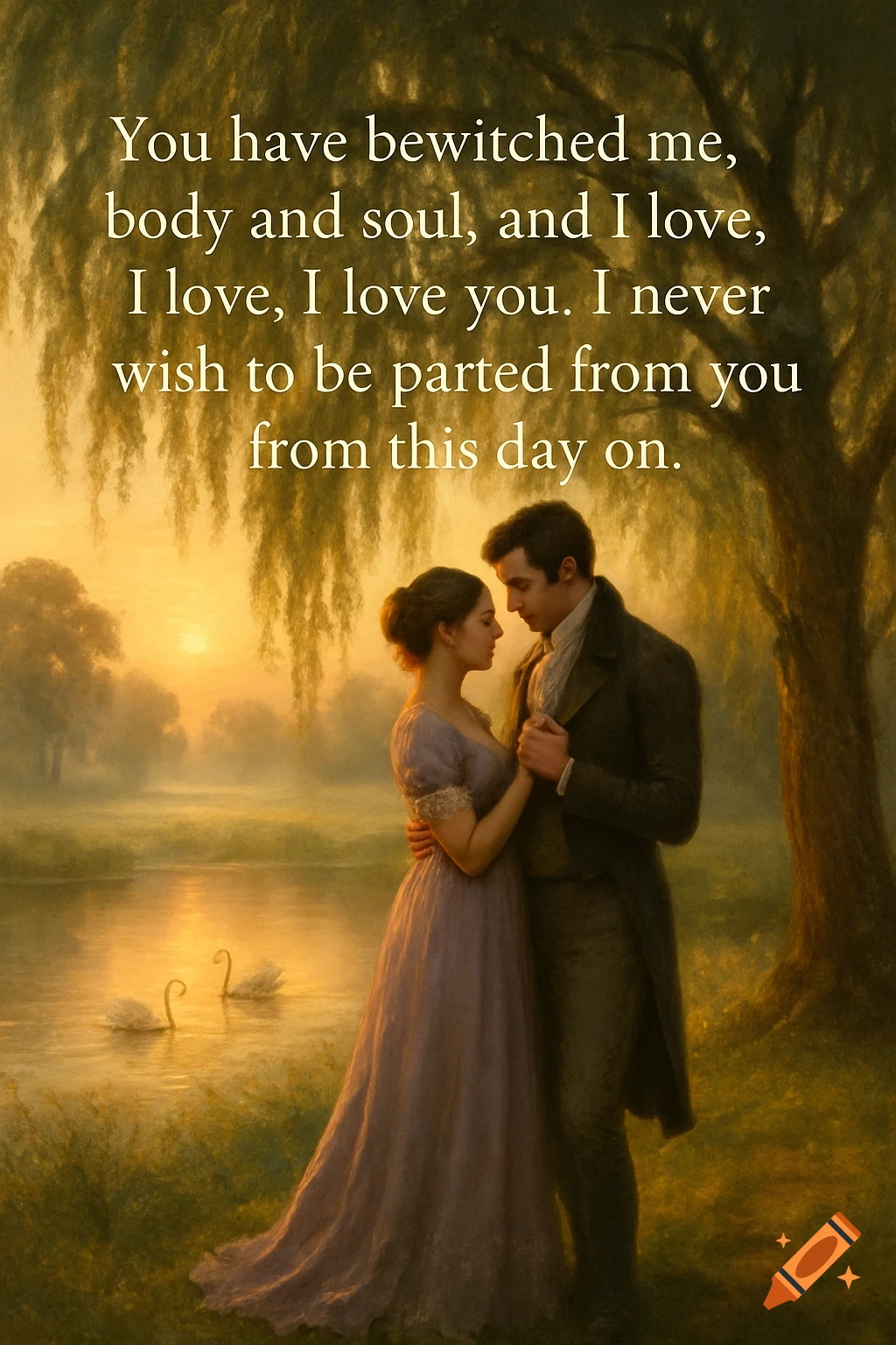 A man and woman embrace by a lake at sunset in a romantic painting, with swans on the water and a love quote overlaid.