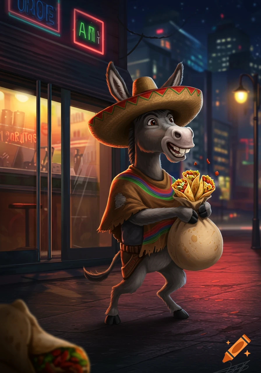 A smiling cartoon donkey bandit in a sombrero and poncho holds burritos and a sack, walking past a glowing restaurant at night in the city.