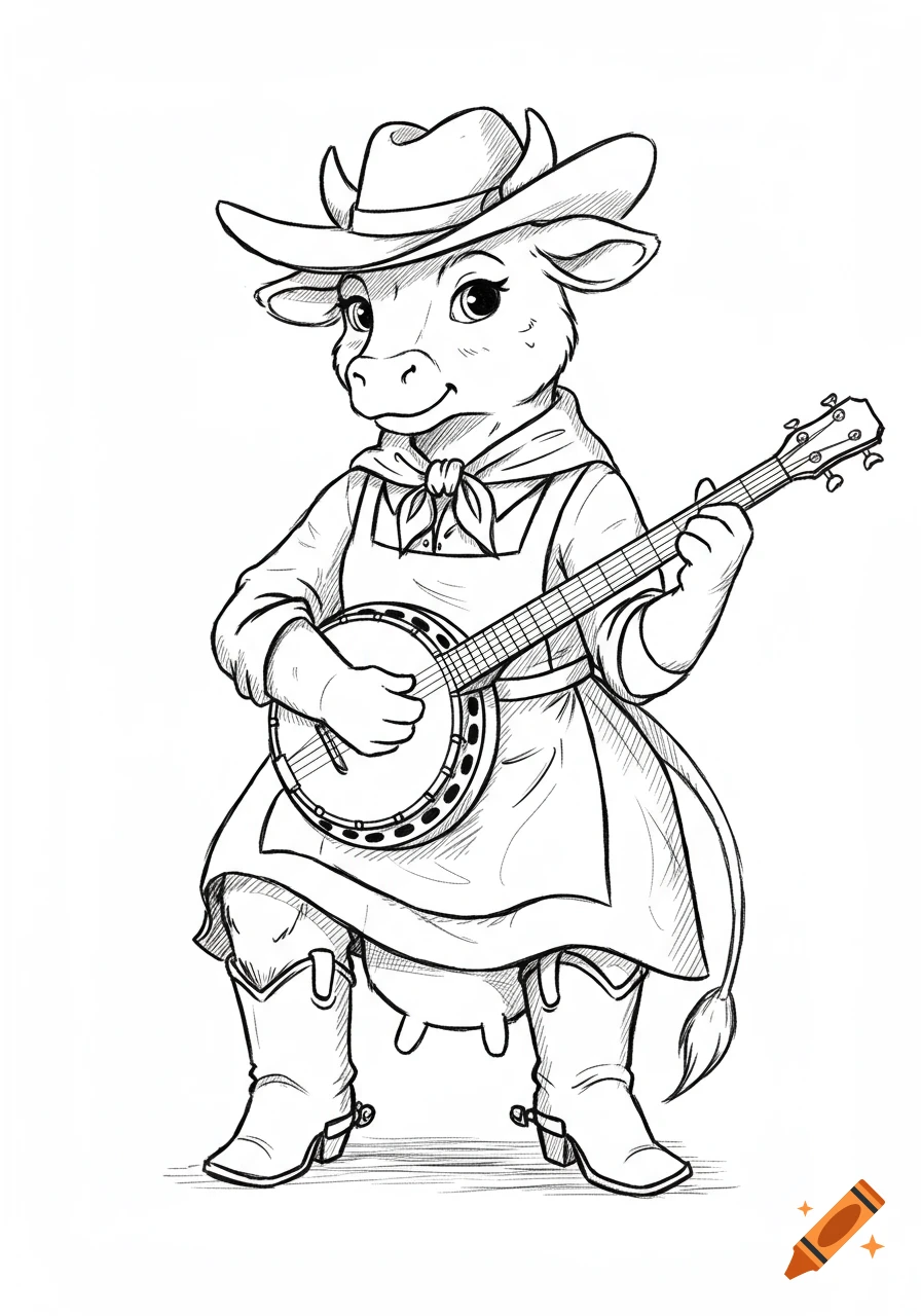 Black and white line art sketch of a cute anthropomorphic cow woman in a cowboy hat and boots playing a banjo.