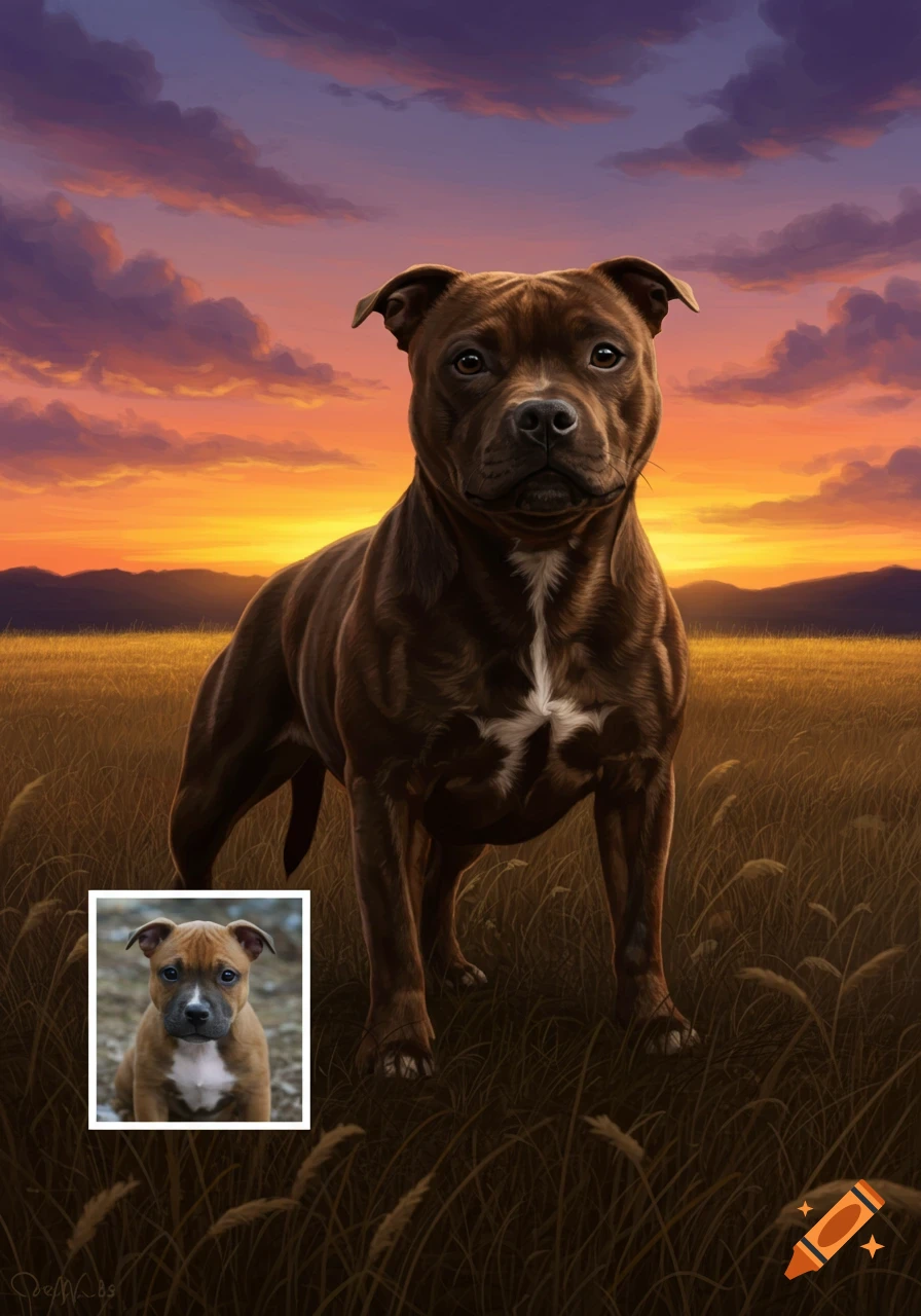 Digital painting of a muscular brown Staffie dog standing in a golden field at sunset, with an inset photo of a cute Staffie puppy.
