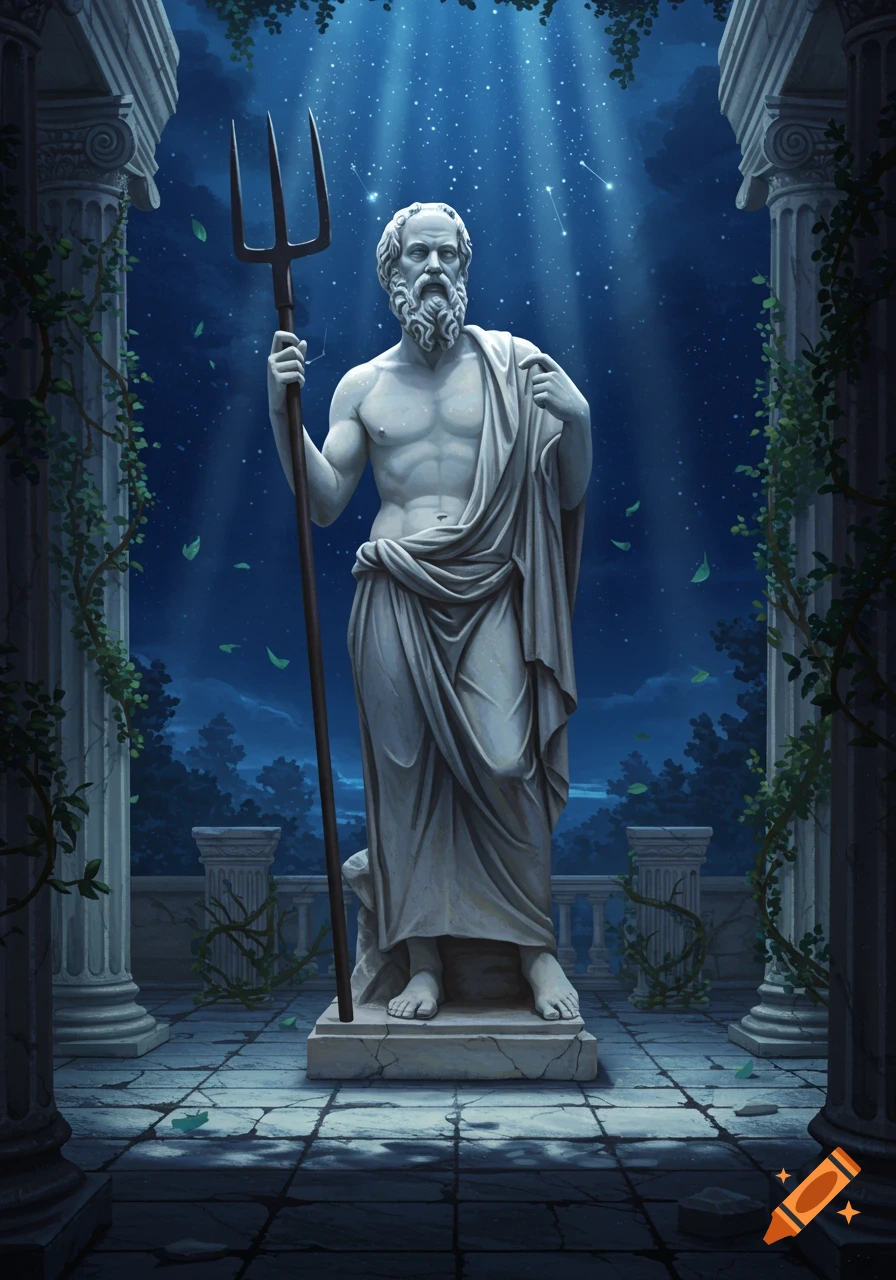 A marble statue resembling a Greek god or philosopher holding a trident on a stone terrace under a starry night sky.