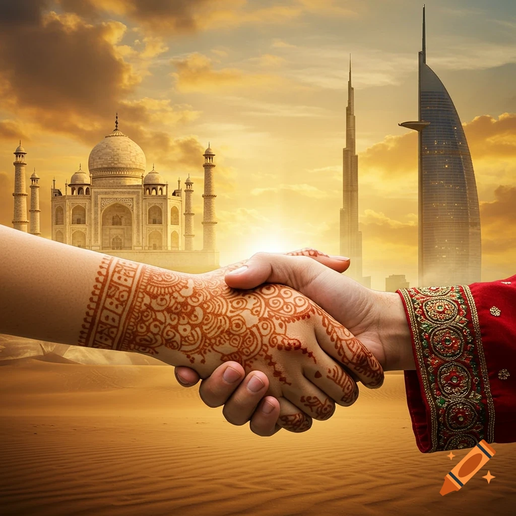 Two hands shaking, one adorned with intricate henna, set against a desert landscape featuring the Taj Mahal and Dubai skyscrapers at sunset.