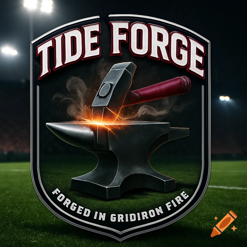 A football-themed emblem logo with a hammer striking an anvil with sparks, text reads 'TIDE FORGE' and 'FORGED IN GRIDIRON FIRE', on a night football field.