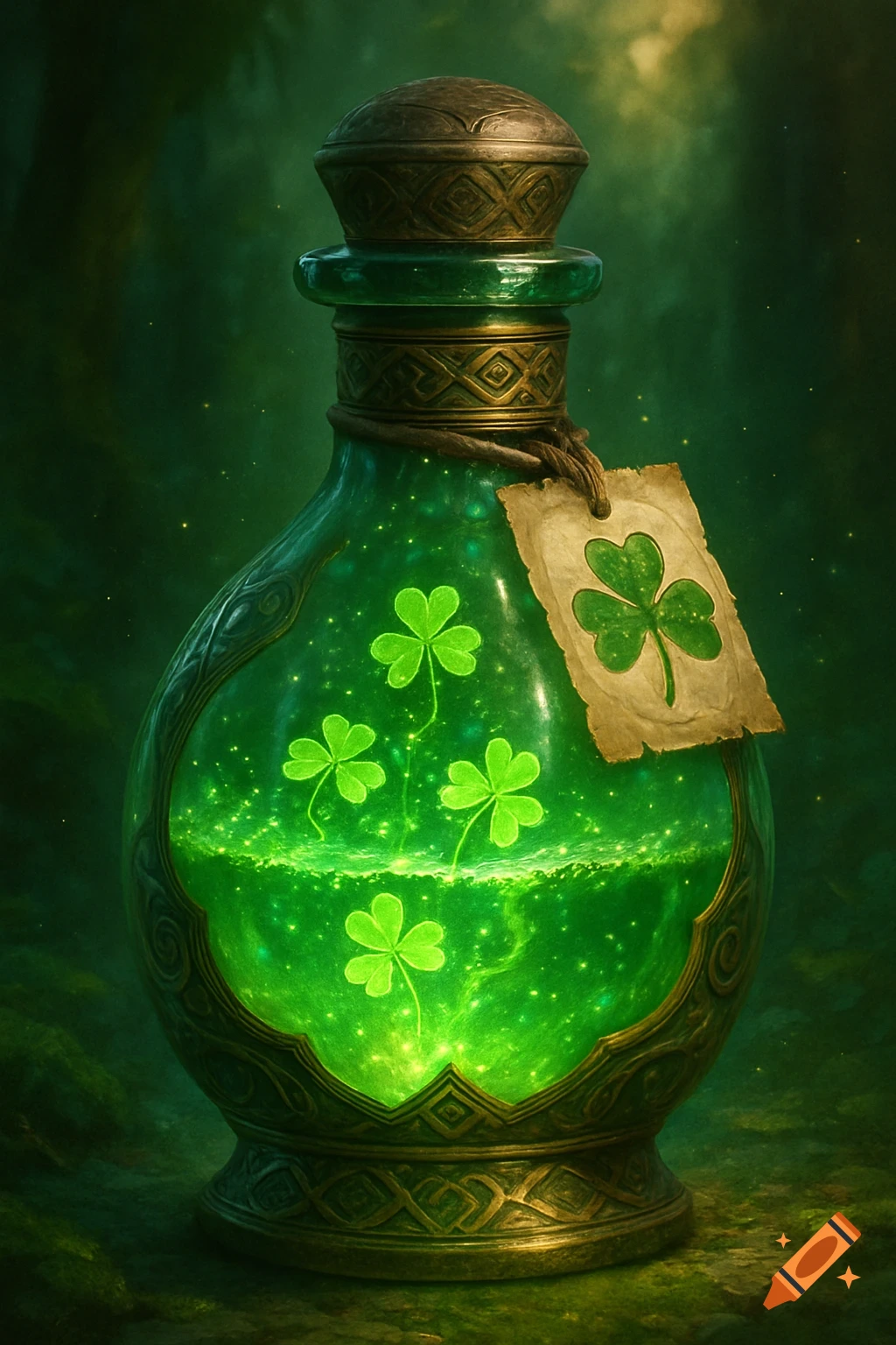 Ornate green potion bottle filled with glowing liquid and floating shamrocks, with a shamrock label, in a fantasy art style.