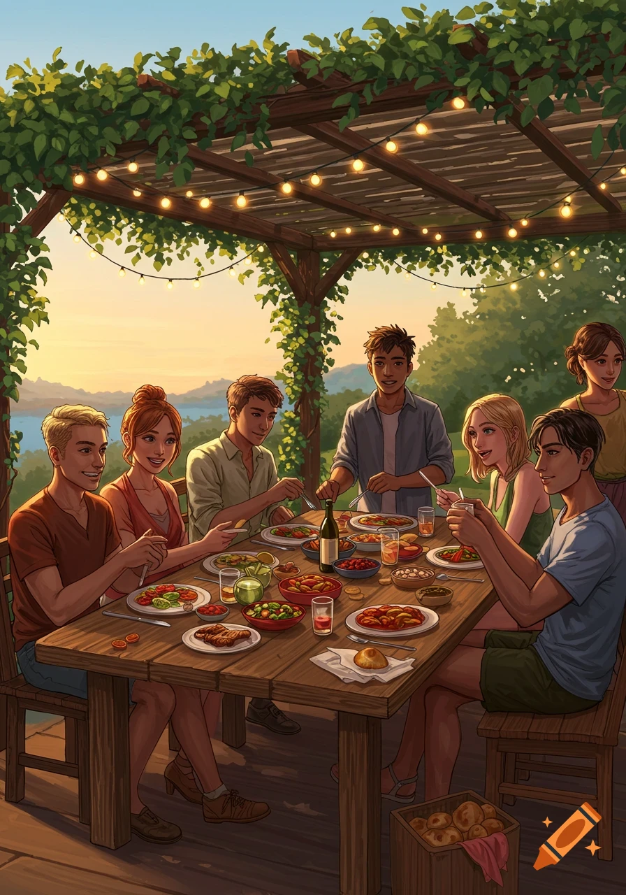 An illustration of a diverse group of friends enjoying an outdoor dinner under a string-lit pergola at sunset by a lake.