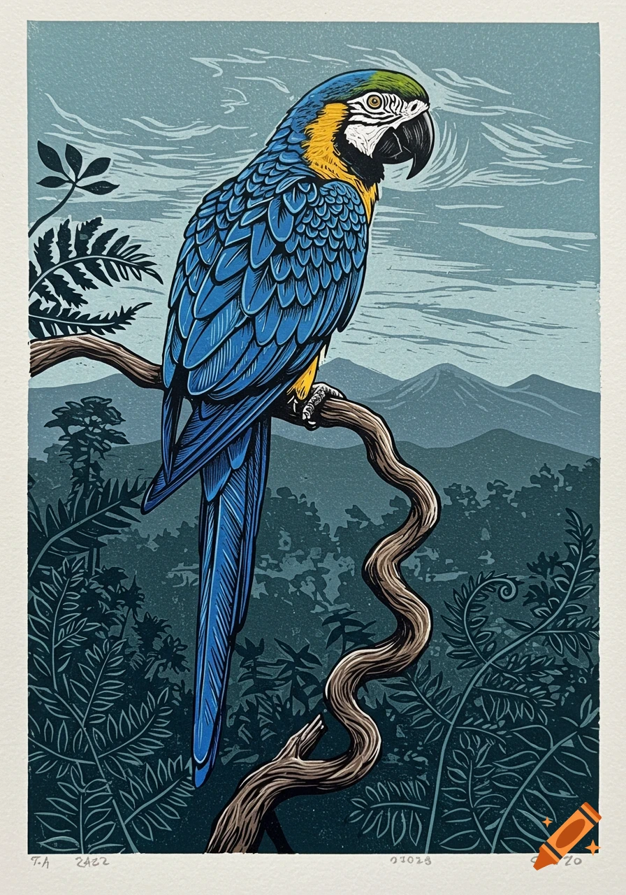 A blue and yellow macaw parrot perches on a winding branch, against distant mountains and lush fern leaves, in a linocut print style.