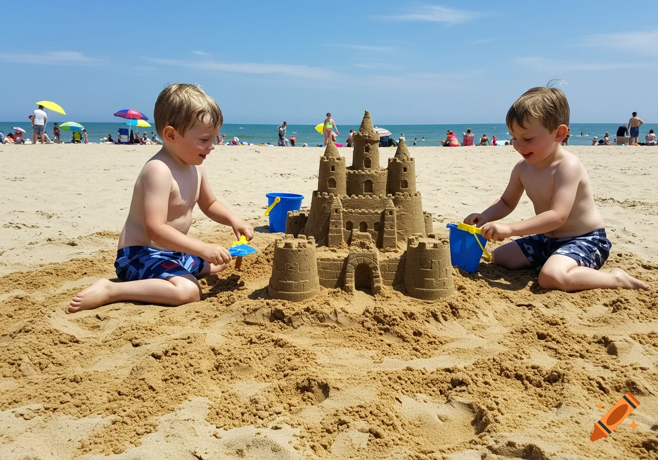 Two young boys build a large sandcastle on a sunny beach with blue buckets and shovels.